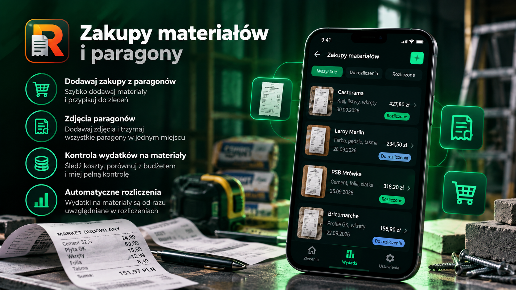 Rozlicznik — zakupy materiałów i zdjęcia paragonów