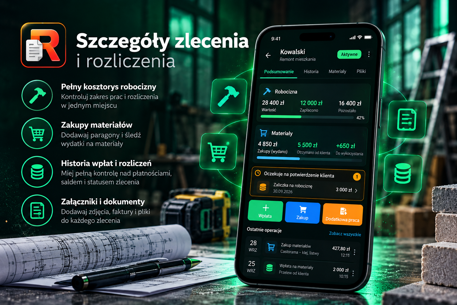 Rozlicznik — szczegóły zlecenia, wpłaty i saldo rozliczenia