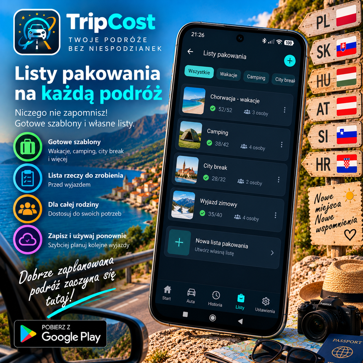 TripCost — listy pakowania na wyjazd